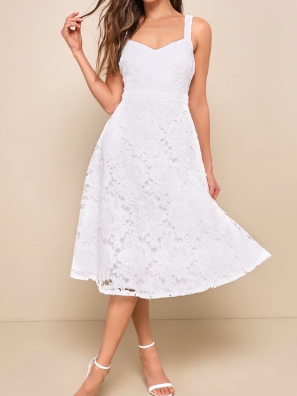 Lulus White Lace Midi Dress with Sweetheart Neckline - Medium